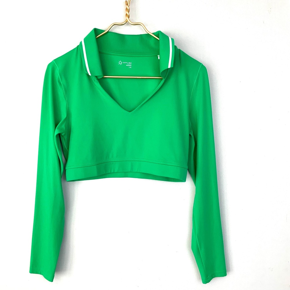 Aerie Offline Large Kelly Green Collared Cropped Long Sleeve Polo Athletic Top